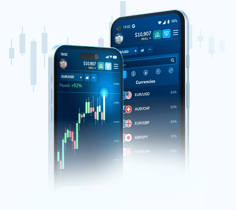 Aplicación móvil de trading mostrando gráficos y pares de divisas